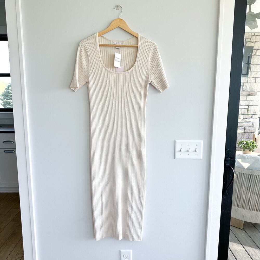 Rachel Parcell Ribbed Knit Scoop Neck Short Sleeve Midi Dress Beige Faded L - Picture 2 of 11
